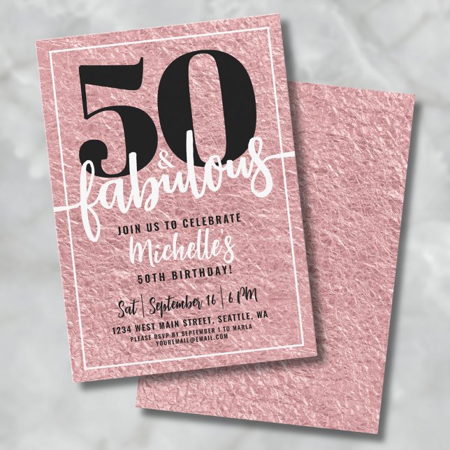 Convites Festa de 50 Anos de Mulher em Dourado Rosa (Rose Gold Fifty Fabulous 50th Birthday Party Invitation)