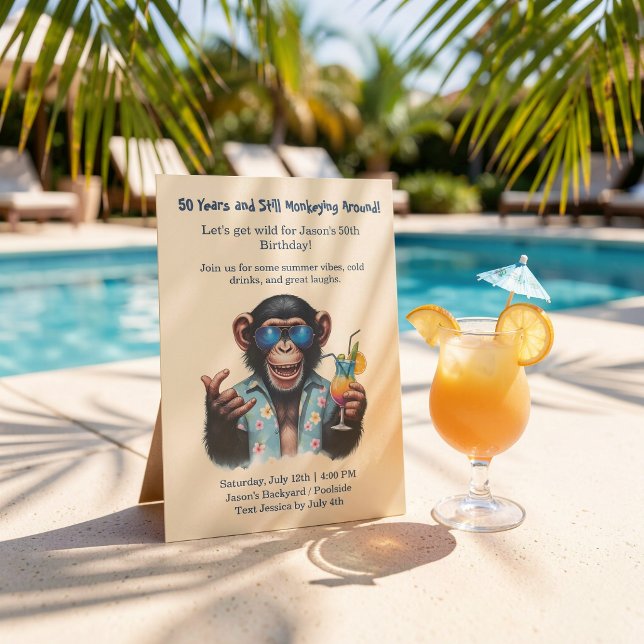 Convites Festa de 50 Anos do Summer Monkey Vamos Ficar Louc (Summer Monkey 50th Birthday Party Let's Get Wild Invitation)
