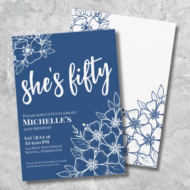 Convites Festa de 50 Anos Fifty Blue (Elegant Fifty Blue 50th Birthday Party Invitation )