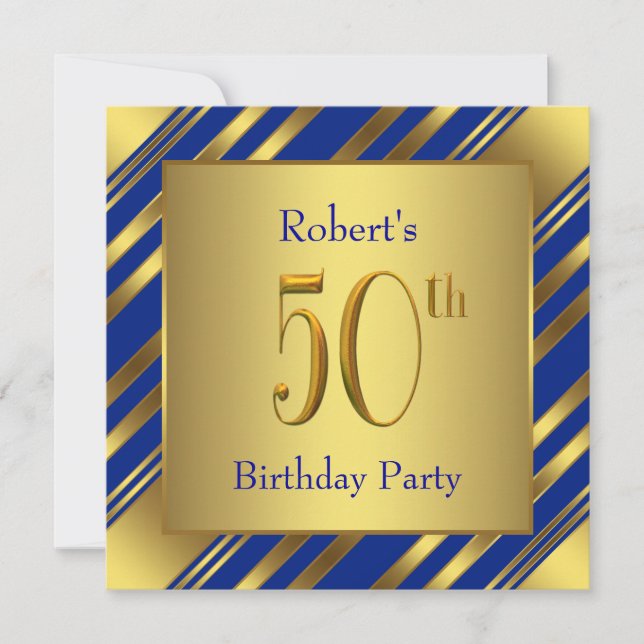 Convites Festa de 50 anos Mans Royal Blue e Dourado (Frente)