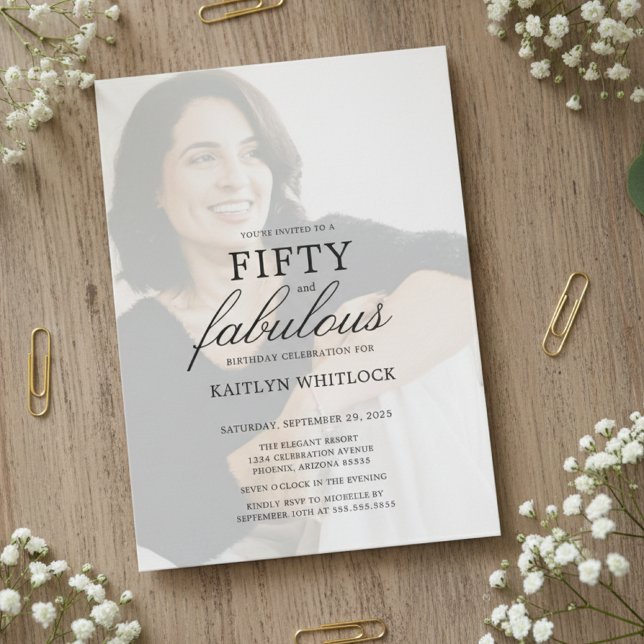 Convites Festa de 50 Anos Modern Minimal Script (modern elegant fifty and fabulous 50th birthday party invitation with full photo for nifty 50 party)