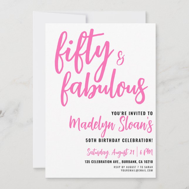Convites Festa de 50 anos moderna e fabulosa rosa (Frente)