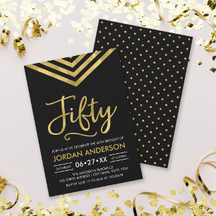 Convites Festa de 50 Anos Moderno com Chevron Dourado Falso