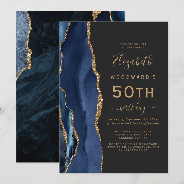 Convites Festa de 50 Anos Navy Blue Gold Agate Dark (Frente/Verso)