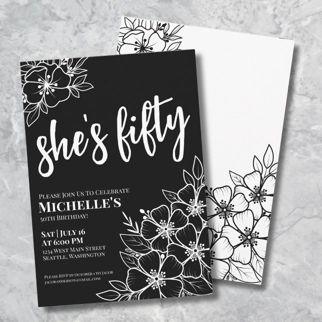 Convites Festa de 50 Anos Preto e Branco (Floral Fifty Black White 50th Birthday Party Invitation)