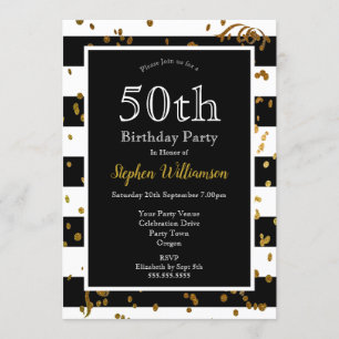 Convites Festa de 50 Anos Preto e Branco   Brilho Dourado