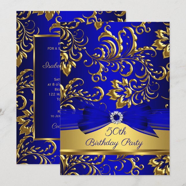 Convites Festa de 50 anos Royal Blue Gold Damask (Frente/Verso)