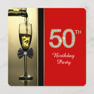Convites Festa de 50 anos Vermelho e Dourado Champanhe