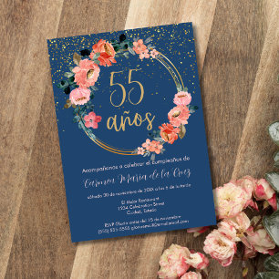 Convites Festa de 55 Anos Espanhola Beleza Dourada Floral