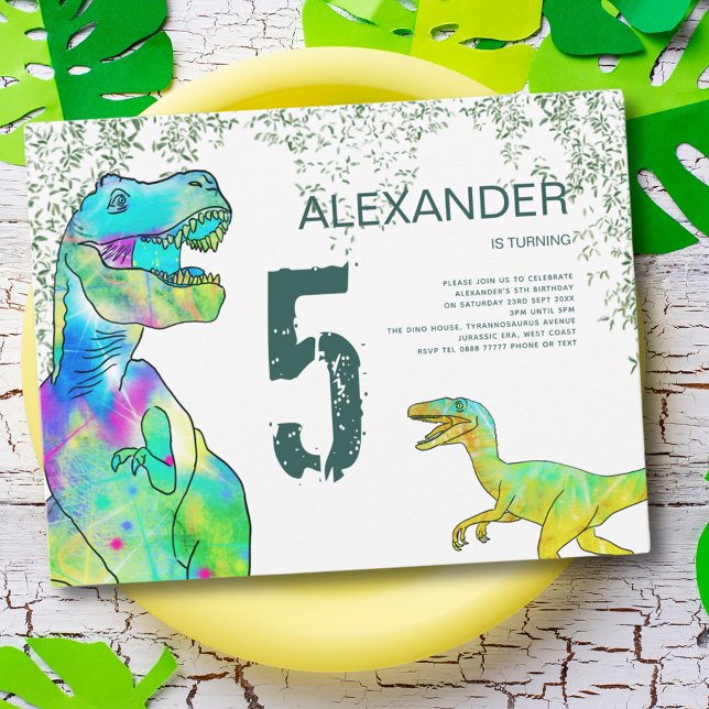 Convites Festa de 5 anos do Dinossauro T-Rex e Raptor (dinosaur 5th birthday party invitation with colorful T-Rex and Velociraptor )