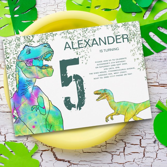 Convites Festa de 5 anos do Dinossauro T-Rex Velociraptor (T-Rex and velociraptor dinosaur 5th birthday party invitation  Jurassic jungle watercolor foliage)