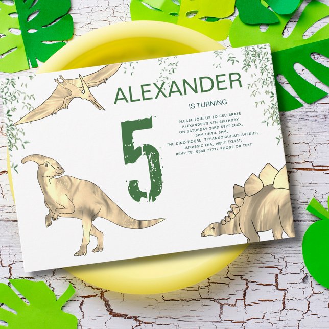Convites Festa de 5 anos na selva dos dinossauros (Dinosaur jungle 5th birthday party invitation pterodactyl stegosaurus and parasaurolophus)