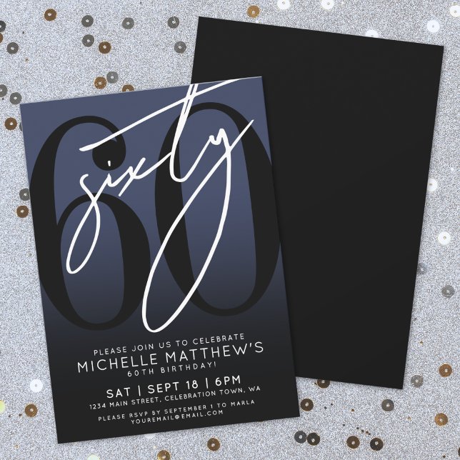 Convites Festa de 60 Anos Azul Marinho Preto (Navy Blue Black 60th Birthday Party Invitation)