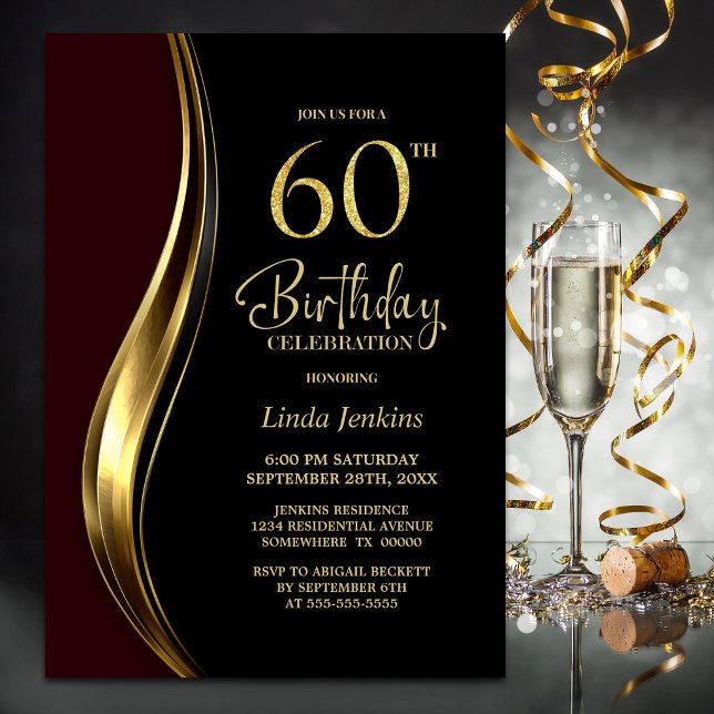 Convites Festa de 60 Anos Black Gold Burgundy (Criador carregado)