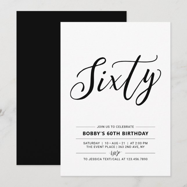Convites Festa de 60 Anos Black & White Sixty Minimal (Frente/Verso)