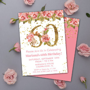 Convites Festa de 60 Anos com Brilho Dourado e Floral Rosa