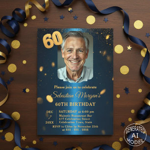 Convites Festa de 60 Anos com Foto em Azul Marinho e Brilho