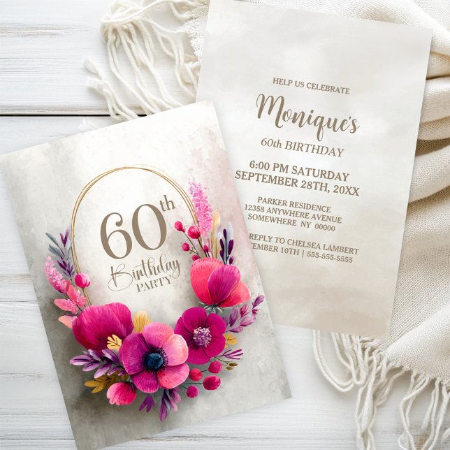 Convites Festa de 60 Anos com Tema Floral Rosa (Criador carregado)