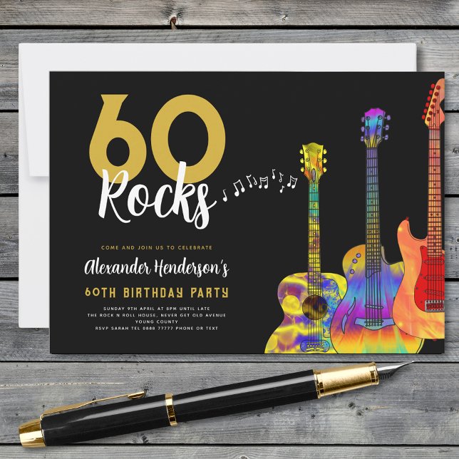 Convites Festa de 60 anos da Guitar 60 Rocks (Rock and roll 60th birthday party black and gold invitation 60 Rocks funky psychedelic guitars)