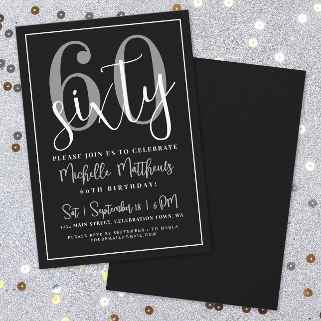 Convites Festa de 60 Anos de Idade Preta Moderna (Modern Black 60th Birthday Party Invitation)