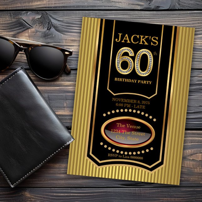 Convites Festa de 60 anos do homem em preto e dourado (Mans black gold 60th birthday invitation. Message us if you need a different number for your event.)