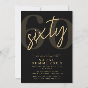 Convites Festa de 60 Anos Modern Script Sixty Black Gold