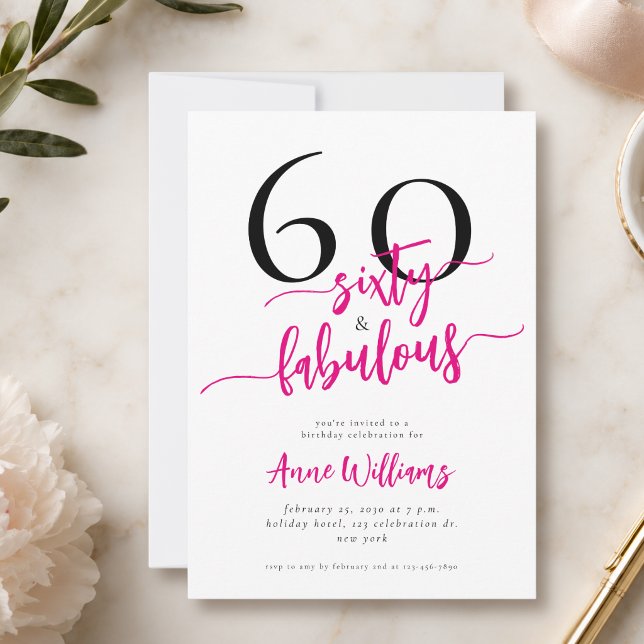 Convites Festa de 60 anos moderna e fabulosa em rosa (Criador carregado)