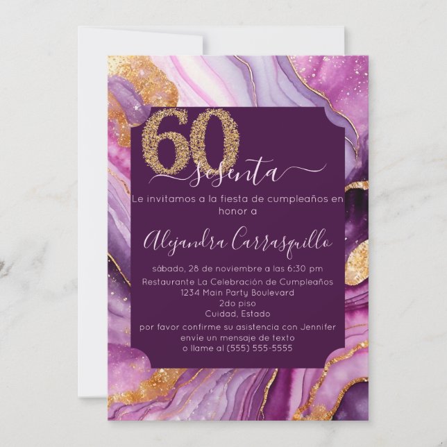 Convites Festa de 60 Anos Rosa Moderno em Ágata Espanhola (Frente)