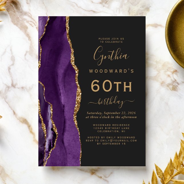 Convites Festa de 60 Anos Roxo Ágata Dourada Escura (Criador carregado)