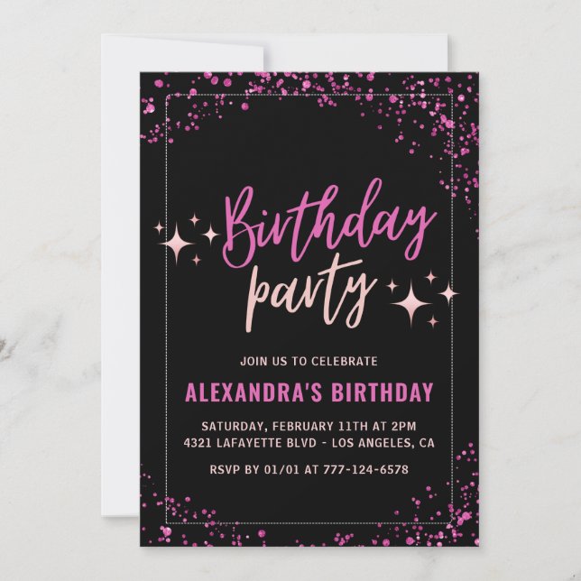 Convites Festa de 64 anos Black Pink Glam Glitter (Frente)