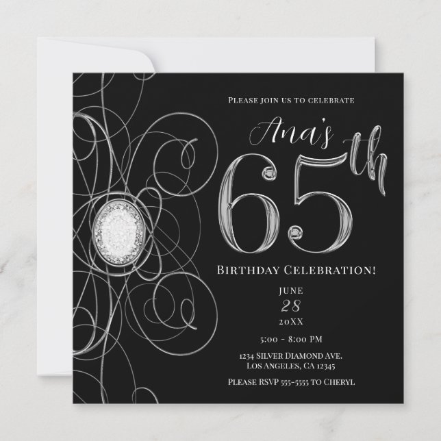 Convites Festa de 65 anos Black & Silver Diamond 65 (Frente)