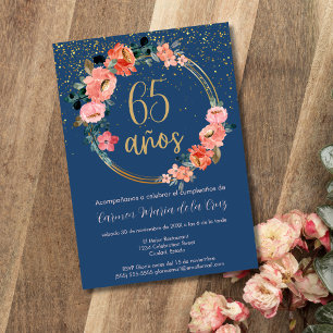 Convites Festa de 65 Anos com Flores Azuis e Rosas em Doura