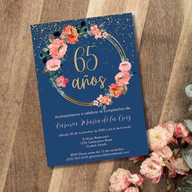 Convites Festa de 65 Anos com Flores Azuis e Rosas em Doura (Criador carregado)