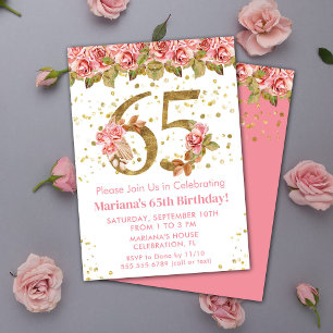Convites Festa de 65 anos com Glitter Dourado e Floral Rosa
