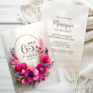 Convites Festa de 65 Anos com Tema Floral Rosa