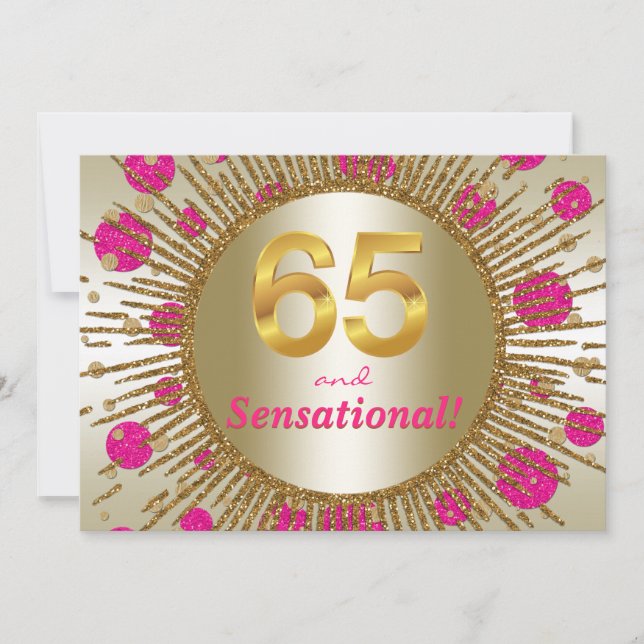Convites Festa de 65 anos da Mulher Rosa Fúcsia Dourado (Frente)