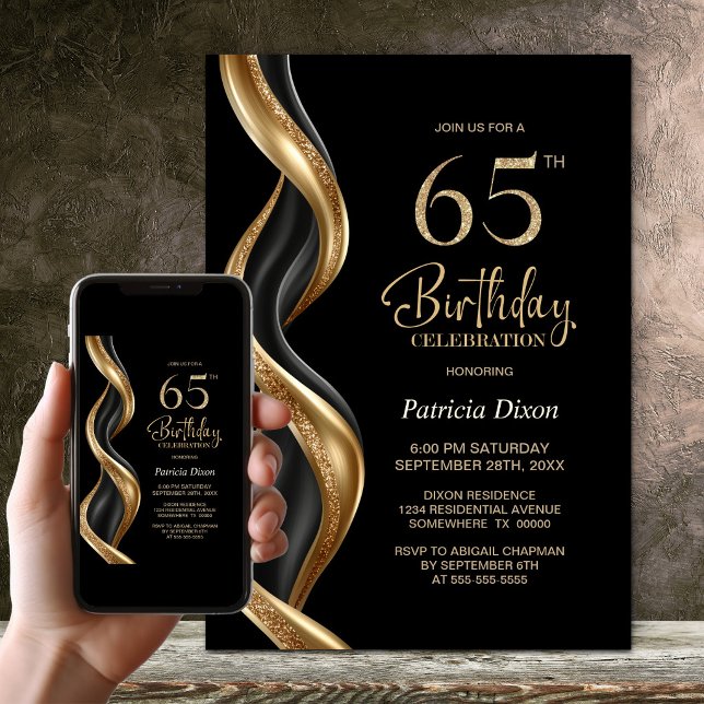 Convites Festa de 65 Anos Estilosa Preta e Dourada (Criador carregado)