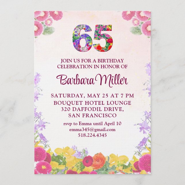 Convites Festa de 65 Anos - Floral Blush Bloom 65 (Frente)