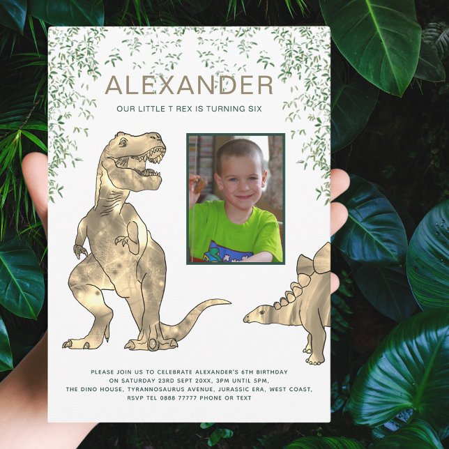 Convites Festa de 6 anos do Dinossauro (Dinosaur add photo 6th Birthday party invitation with T-Rex and Stegosaurus dino with jungle foliage)