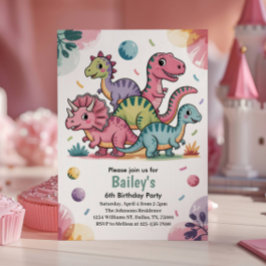 Convites Festa de 6 Anos do Dinossauro Rosa Fofo para Crian