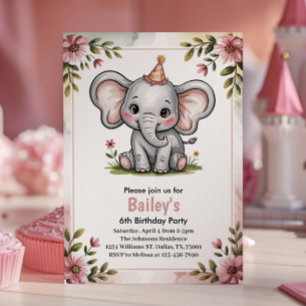 Convites Festa de 6 Anos do Elefante Rosa Fofo para Criança