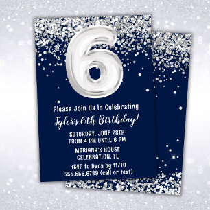Convites Festa de 6 anos Navy Blue Silver