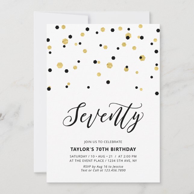 Convites Festa de 70 anos Black & Gold Simple Seventy (Frente)