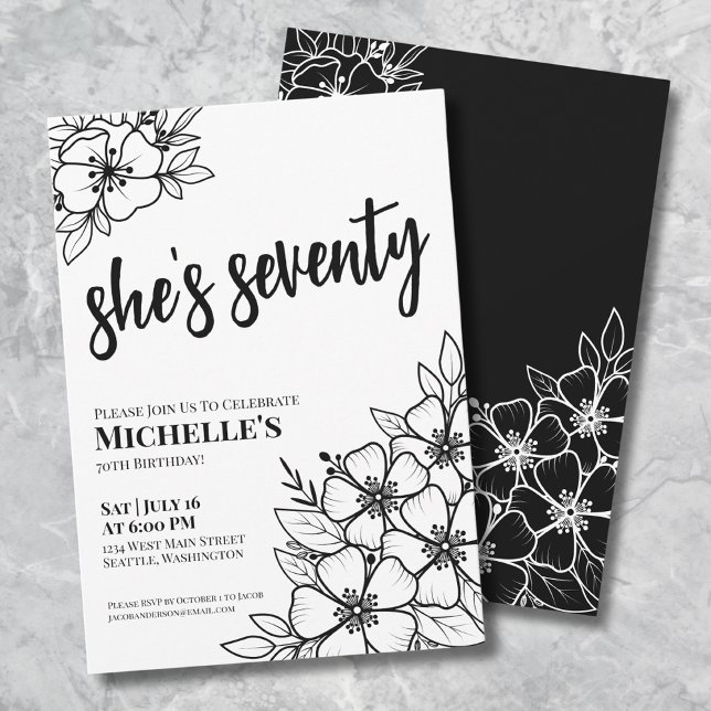 Convites Festa de 70 Anos Chic Setenta Preto Branco (Chic Seventy Black White 70th Birthday Party Invitation)