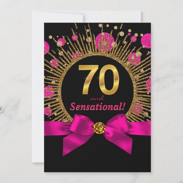 Convites Festa de 70 anos da Mulher em Fuchsia e Dourado (Frente)
