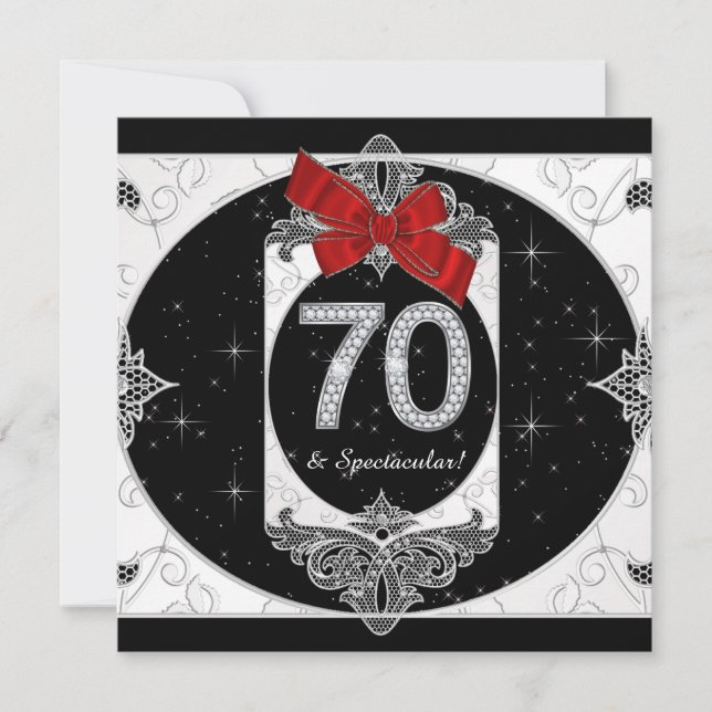 Convites Festa de 70 anos da mulher em vermelho e preto (Frente)