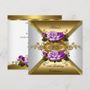 Convites Festa de 70 Anos Elegantes Rosas Roxo Dourado