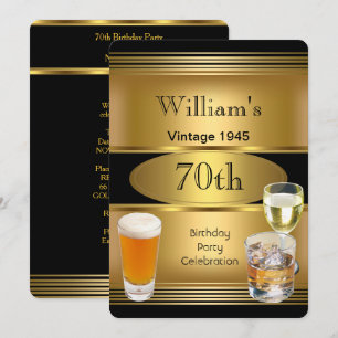 Convites Festa de 70 anos Vintage Masculina Cerveja Dourada