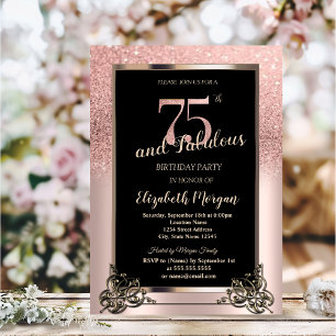 Convites Festa de 75 Anos Chic Rose Gold Glitter Ombre