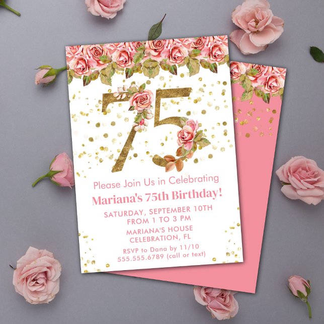 Convites Festa de 75 anos com Glitter Dourado e Floral Rosa (Criador carregado)